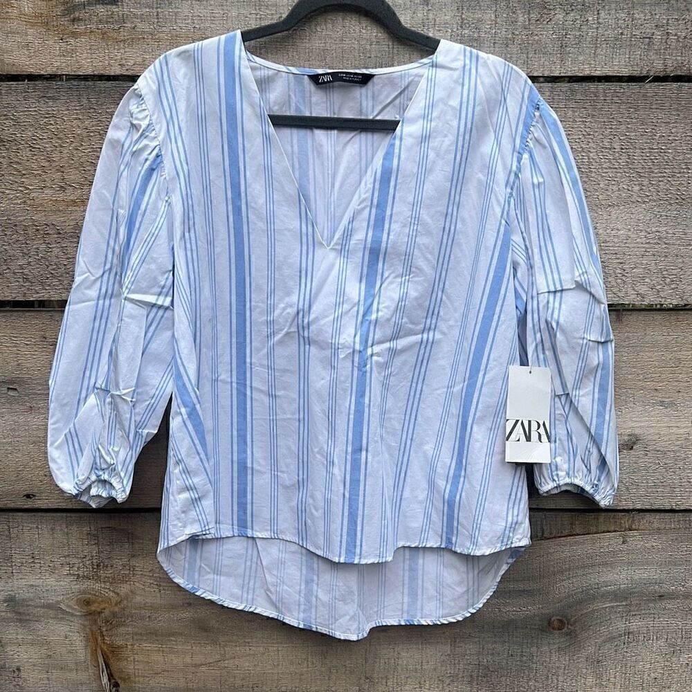 Zara Women's White Blue Stripes V-Neck Balloon Sleeve High Low Blouse Medium NWT